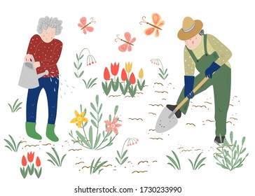 Old man and woman gardener watering plants. Elderly people work in the garden, water the flowers, dig up the ground. Woman holds a watering can. Flat cartoon vector illustration. Garden work.