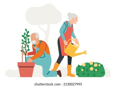 Old Man And Woman Gardening. People Taking Care Of Plants