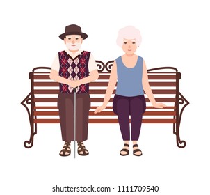 Old man and woman or grandparents sitting on bench. Portrait of elderly romantic couple relaxing outdoors. Male and female flat cartoon characters isolated on white background. Vector illustration