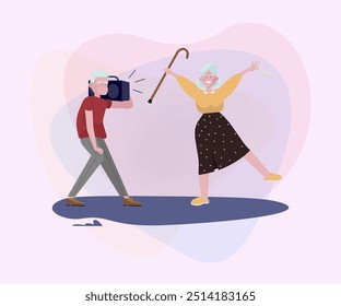 Old man and woman having fun at party. Senior couple listening to tape recorder and dancing flat vector illustration. Retirement, party, celebration concept for banner or website design