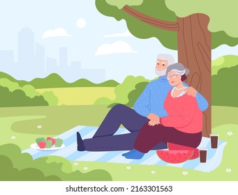 Old man and woman having picnic under tree in park. Cute scene with senior couple spending time together flat vector illustration. Family, vacation, love concept for banner or landing web page