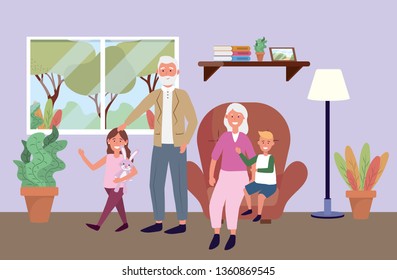 old man and woman with kids and plants