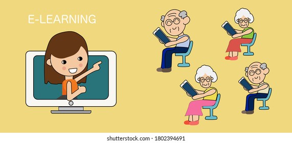 old man & old woman learning using smartphone. Online courses.
Flat vector character illustration