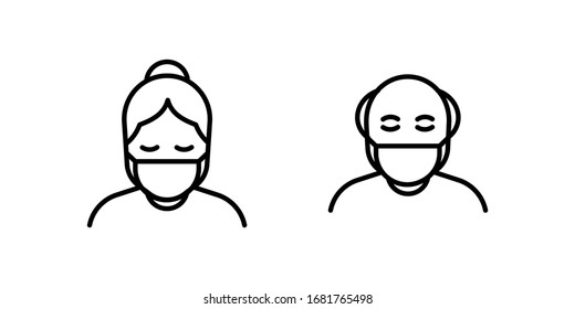 Old Man And Woman In Medical Face Protection Mask. Vector Icon Of High Risk Vulnerable People Wearing Protective Surgical Mask. Illustration For Concepts Of Disease, Sick, Coronavirus, Quarantine