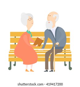 The old man and the old woman on a bench. The old lady old man reading a book on a park 
bench. Illustration of an elderly couple. Stock vector