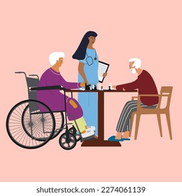 Old man and woman playing chess in the nursing home or hospital.  Elderly old people help and care service, happy retirement concept. Cartoon Vector Illustration