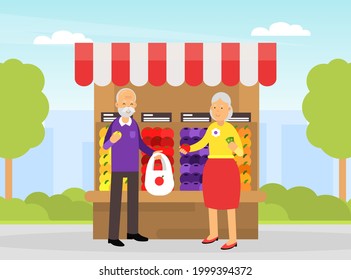 Old Man and Woman Purchasing Fruit at Greengrocery Vector Illustration