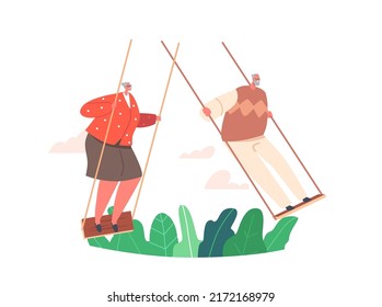 Old Man and Woman Race on Swing, Grandmother and Grandfather Summer Outdoor Activity. Elderly Couple Male and Female Characters Having Fun Stand on Flip-Flap. Cartoon People Vector Illustration