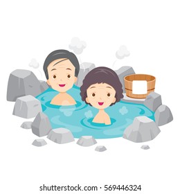 Old Man And Woman Relaxing In Hot Spring, Bath, Onsen, Japanese, Culture, Healthy, Season, Body