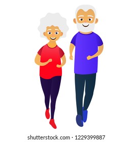 Old man and woman running together. Elderly people active lifestyle. Vector illustration
