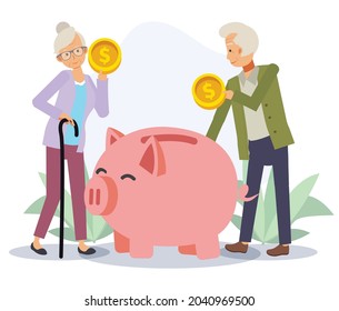 old Man and old woman saving money in piggy bank.Economy and financial independence,saving money concept,retire life.Flat vector 2D cartoon character illustration.