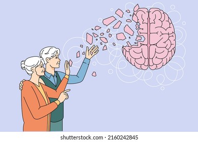 Old Man And Woman Say Goodbye To Dead Brain Cells Suffer From Dementia. Elderly Grandparents Have Alzheimer Disease Struggle With Memory Loss. Older Healthcare. Vector Illustration. 