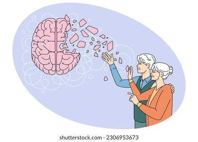 Old man and woman say goodbye to dead brain cells suffer from dementia. Elderly grandparents have Alzheimer disease struggle with memory loss. Older healthcare. Vector illustration.
