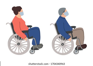 el anciano y la mujer están sentados en una silla de ruedas y usando mascarillas. Varones y mujeres mayores sin rostro con discapacidades físicas. Ilustración vectorial plana. Prevención o protección del concepto de coronavirus