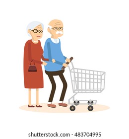 Old Man And Woman With Shopping Cart. Elderly People Purchased Goods. Seniors Lifestyle.  Vector Illustration Flat Design