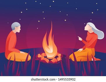 Old Man and Woman Sitting near Bonfire Cartoon. Grey-Haired Female and Male Characters, Aged Married Couple Rest in Forest. Camping. Natural Scene at Night. Vector Illustration in Flat Cartoon Style