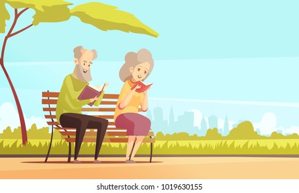 Old man and woman sitting on bench under tree in city park and reading books flat vector illustration