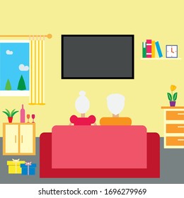 Old man and old woman are sitting on a sofa in front of a television, illustration of a flat design.