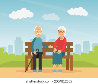 Old Man and Woman Sitting on the Bench in the Park Vector Illustration