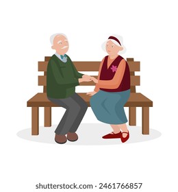 Old man and woman sitting on wooden bench in park, elderly couple holding hands vector illustration