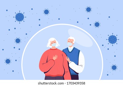 Old man and woman stand in a bubble that protects against the new coronavirus COVID-2019.