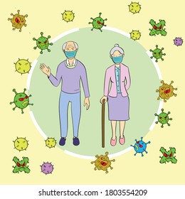 Old man and woman stand in a bubble that protects against the new coronavirus COVID-2019. 
Hand drawn illustration style
