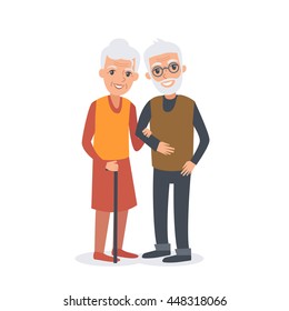 Old man and woman stand together arm-in-arm and smiling. Senior couple. Elderly man and woman. Vector illustration isolated on white background. 