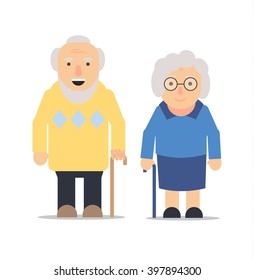 Old man and woman standing next to each other smiling, vector illustration. Grandma and grandpa. Retired couple. Grandparents with cane