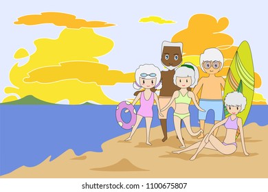 Old man and woman, strong body doing outdoor activities.
Wear a swimsuit on the beach, such as playing surfboard and sunbathe. Flat cartoon and concept of activities elderly people. -EPS10