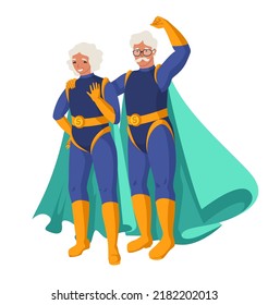 Old man and woman superhero in mask and cloak vector illustration. Elderly superman and superwoman isolated on white background. Gray-haired female heroine and male hero cartoon character