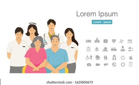 Old Man And Old Woman Take Group Photo With Medical And Rehabilitation Staff Team Together Cartoon Character Design With Icon Set