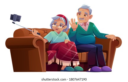 Old Man And Woman Take Selfie On Smartphone With Monopod. Vector Cartoon Illustration Of Elderly Couple Seat On Sofa And Making Photo Together On Mobile Phone With Selfie Stick