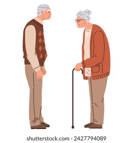 Old man and woman talking flat vector illustration. An elderly person with glasses and walking cane isolated on white background. Grandfather and grandmother walks with walking stick together outdoors