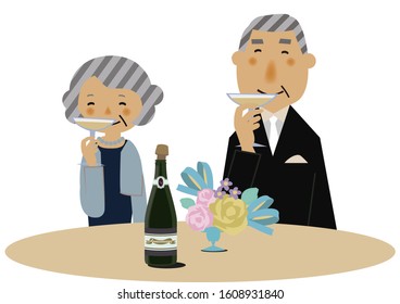 Old man and old woman are toasting.
Party scene clip art.
People in formal clothes.