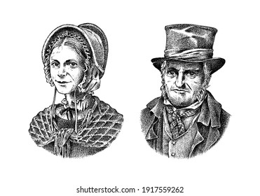 Old man and woman in a vintage suit. Poor peasant in a hat. Victorian era character, antique style. Engraved sketch.