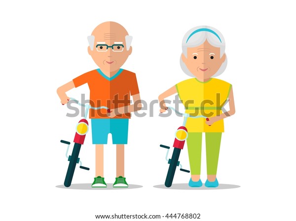 おじいさんとおばあさんが自転車で歩いてる 健康的で活発なライフスタイル 祖父母のためのスポーツ 白い背景にオブジェクト 平らなベクターイラスト のベクター画像素材 ロイヤリティフリー