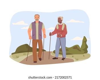 Old man and woman walking with scandinavians sticks. Elderly people doing exercises, nordic walking with special poles. Healthy lifestyle, leisure time, outdoor sport in old age. Vector illustration