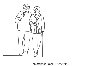 Old man and woman walking together. Line drawing vector illustration.