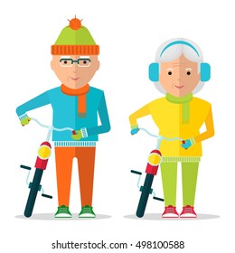 Old man and old woman in warm clothing walking with bikes. Healthy active lifestyle. Sport for grandparents. Objects isolated on a white background. Flat vector illustration.