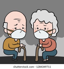 Old man and old woman wear pollution mask cover cartoon vector illustration