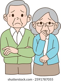 The old man and the old woman wearing glasses are worried together. minimal line art vector illustration.