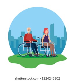 old man and woman in wheelchairs