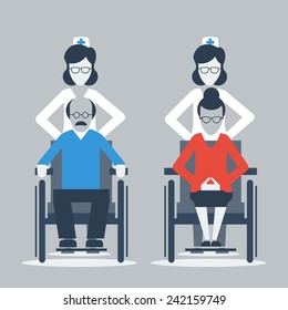 Old man and woman in wheelchairs, hospice attendance, nursing elderly people, weak aged person care and medical help, look after physically disabled patient, vector icon, flat illustration