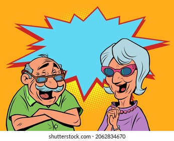 An old man and an old women couple laugh. love and friendship