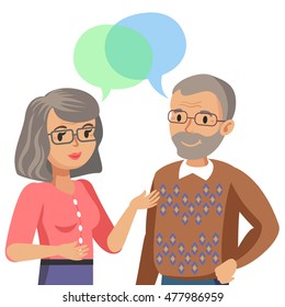 Old man and old women talking. Talk of spouse or friends. Vector illustration