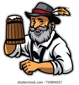 old man and wooden mug of beer