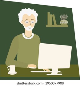 Old man work at home. Elderly freelancer using computer. Freelance work for everyone concept. Isolated vector illustration
