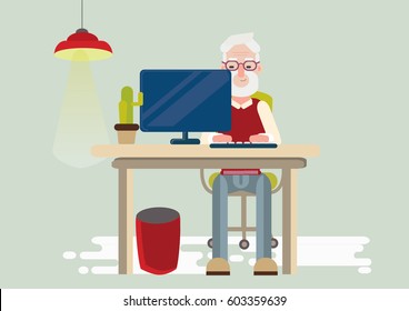 Old Man Working At Office. Freelancer At Home Office