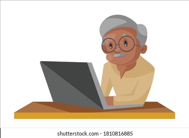 Old man is working on a laptop. Vector graphic illustration. Individually on white background.