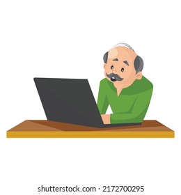 Old man is working on a laptop. Vector graphic illustration. Individually on white background.